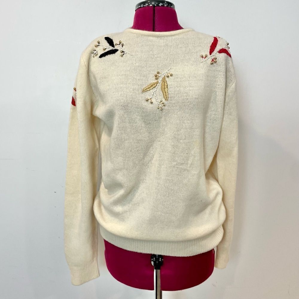 TAMRA Wool Angora White Cream Vintage Sweater Embroidery Golden Tone Beads 1960s
